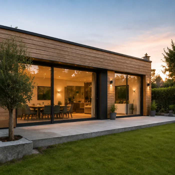 extension en bois d'un salon et salle à manger